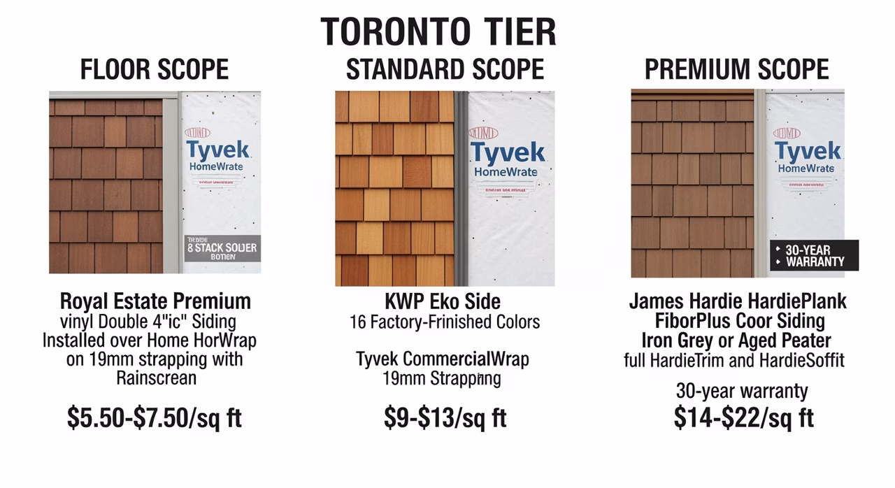 Three Toronto siding-installation tiers compared: vinyl floor Mitten Sentry Plus insulated double-5 dutch-lap at $11K-$15K full perimeter, standard fibre-cement James Hardie HardiePlank ColorPlus at $18K-$28K, premium stone veneer Eldorado Stone or Arriscraft with mixed cladding at $26K-$58K on 1,800 sq ft two-storey detached