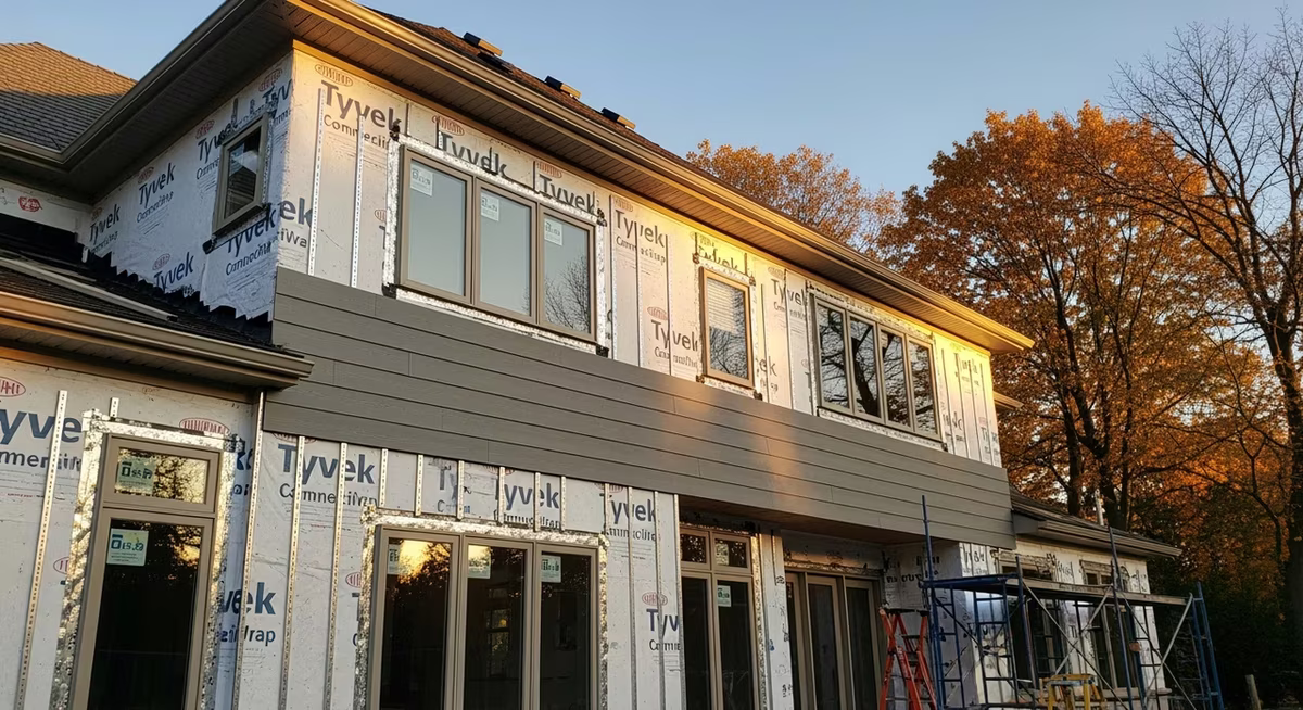 Toronto Vaughan 2010s detached luxury home with mixed cladding of Arriscraft stone veneer on lower facade and James Hardie HardiePlank ColorPlus fibre-cement on upper at golden hour where Italian-Canadian premium scope mixed-cladding install commonly runs $32K-$58K full perimeter