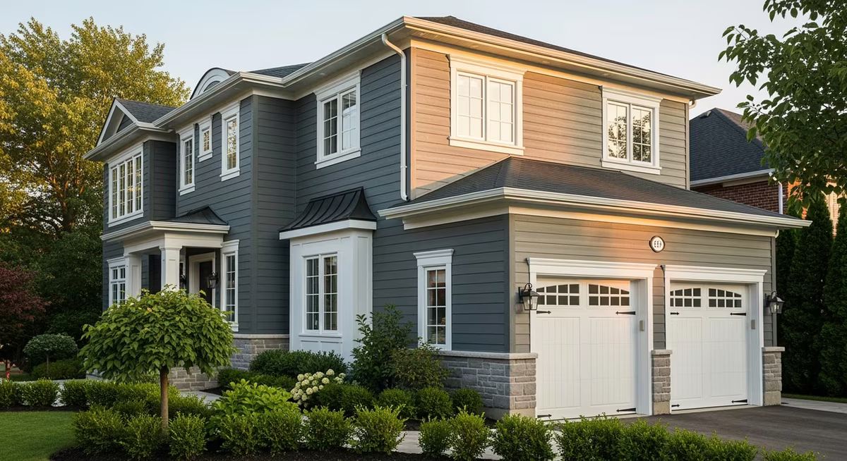 Completed Toronto detached home with newly-installed James Hardie HardiePlank ColorPlus fibre-cement siding in Iron Gray factory-finished colour, 6-inch lap with 1-1/4-inch reveal, custom millwork trim around windows, kick-out flashings at every roof-wall intersection, white-painted soffit and fascia