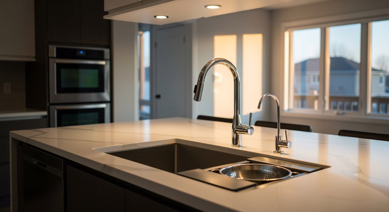 Drop-in bathroom sink installation in Markham detached home powder room with quartz vanity