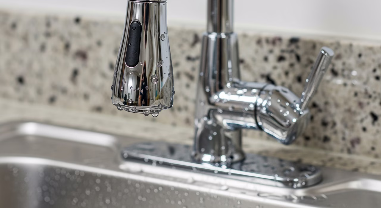 Close-up of sealed sink rim and Moen drain assembly with quartz countertop edge