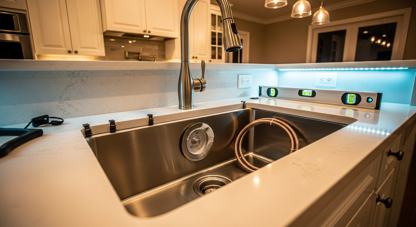 Close-up of professional kitchen & bathroom sink installation work delivered in Brock