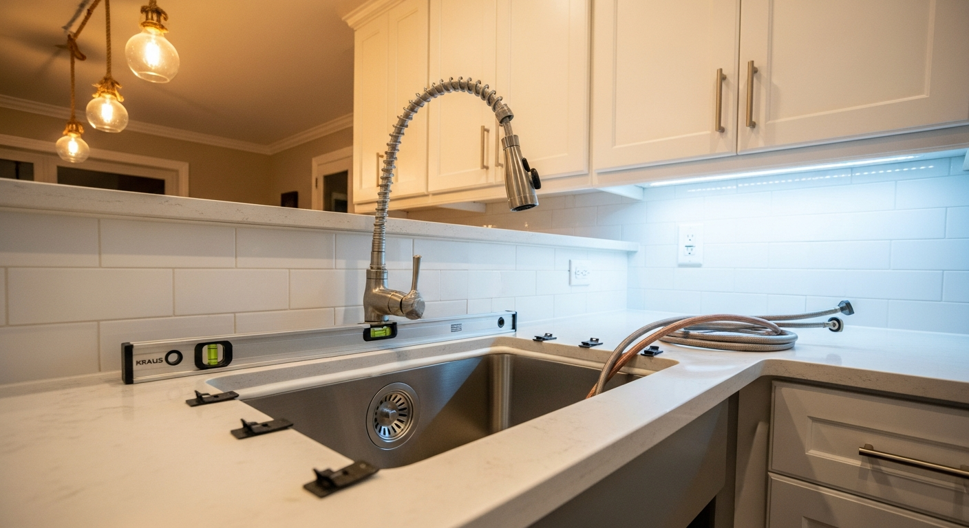 Detail view of a kitchen & bathroom sink installation job finished in Etobicoke — expert craftsmanship