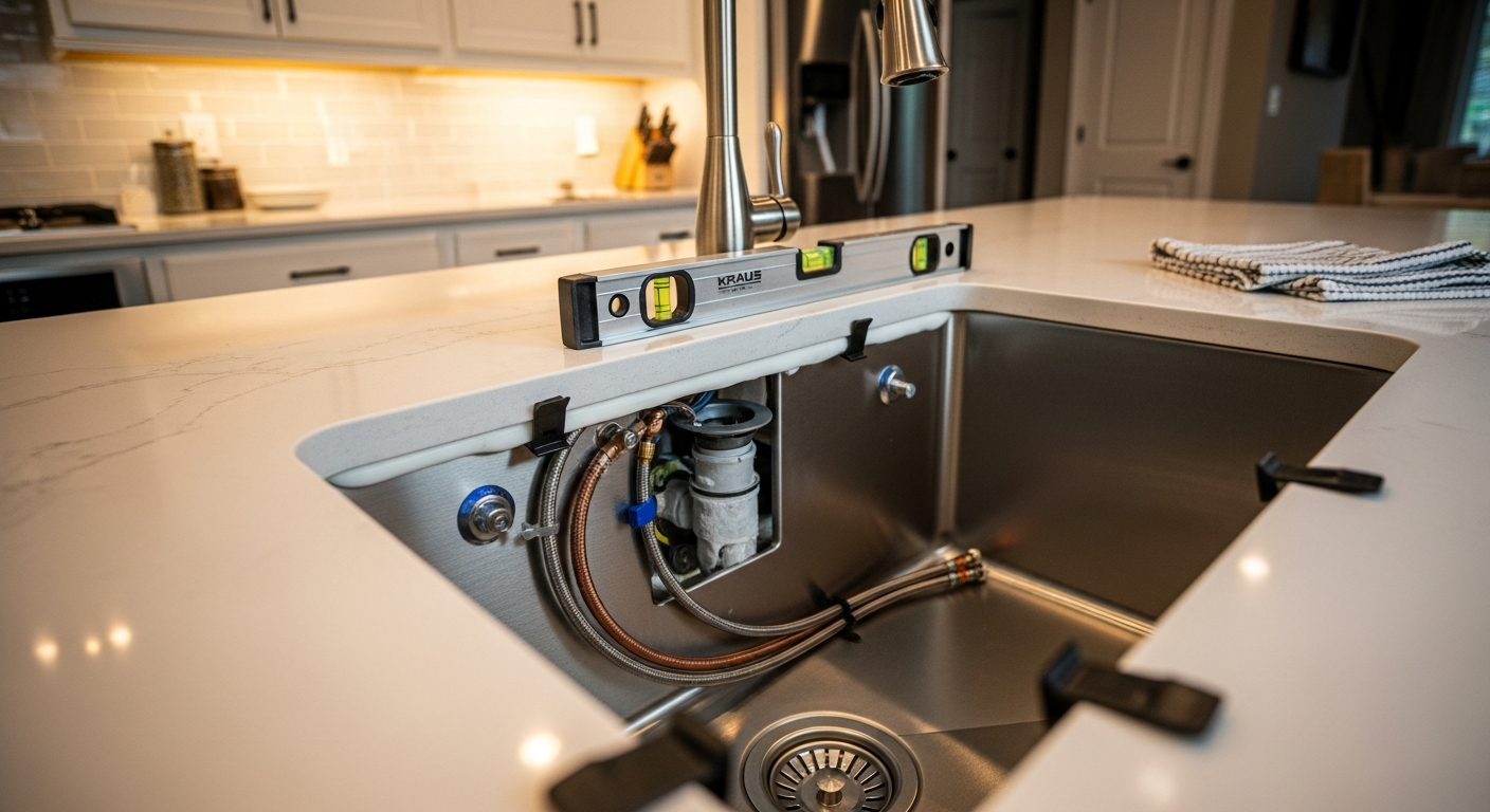 Editorial detail of a Milton kitchen & bathroom sink installation install — visible quality finish
