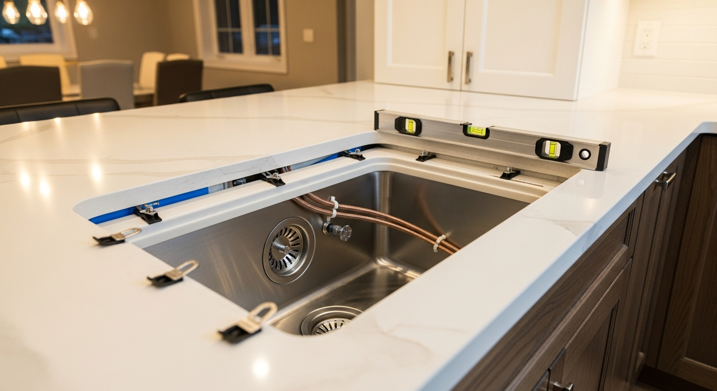 Close-up of professional kitchen & bathroom sink installation work delivered in Oakville
