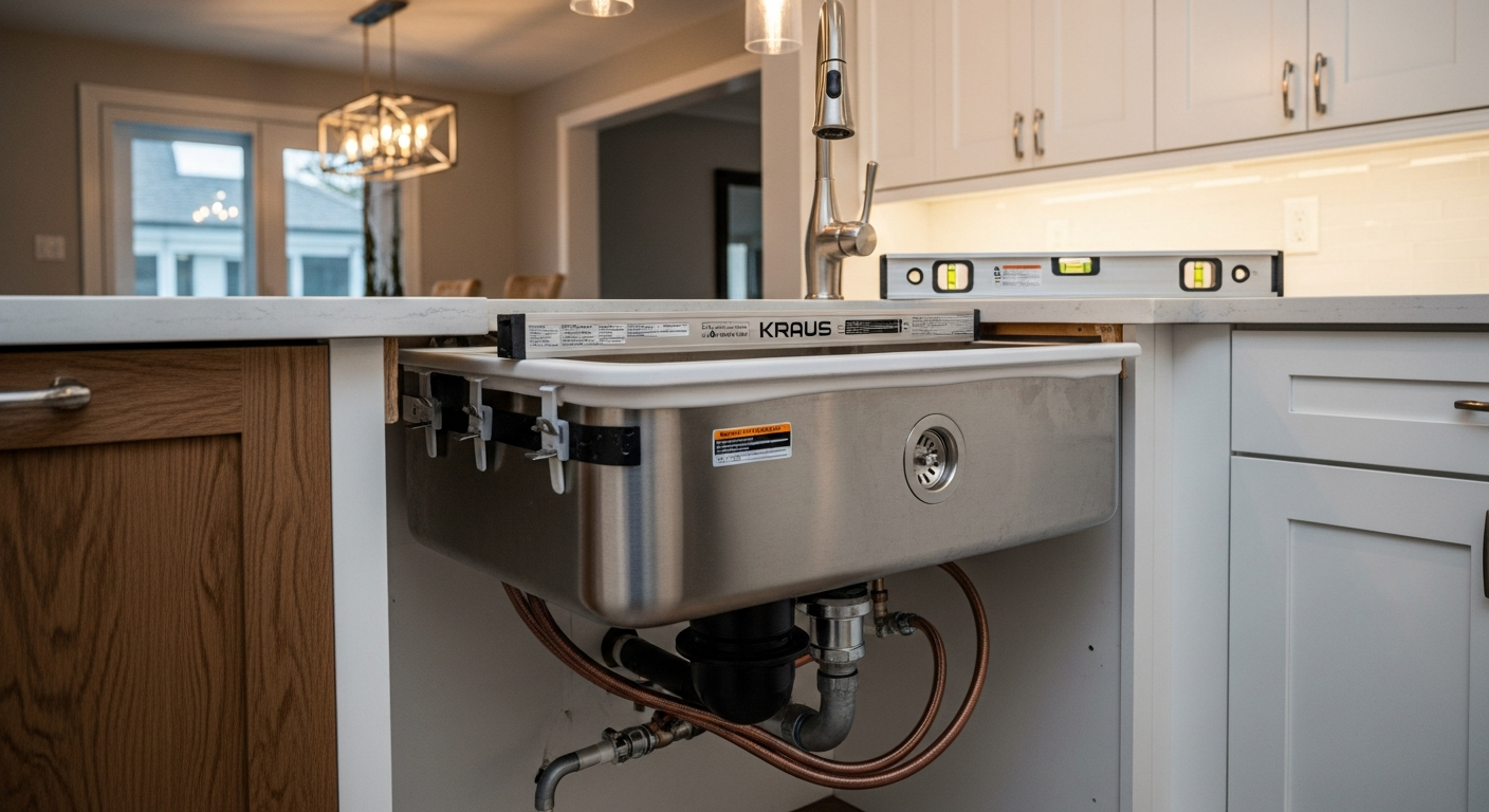 Detail view of a kitchen & bathroom sink installation job finished in Oshawa — expert craftsmanship
