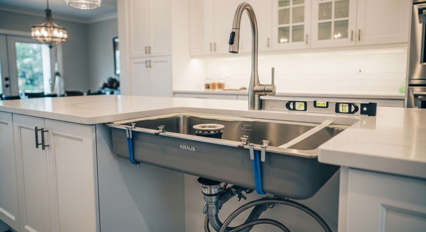 Detail view of a kitchen & bathroom sink installation job finished in Richmond Hill — expert craftsmanship