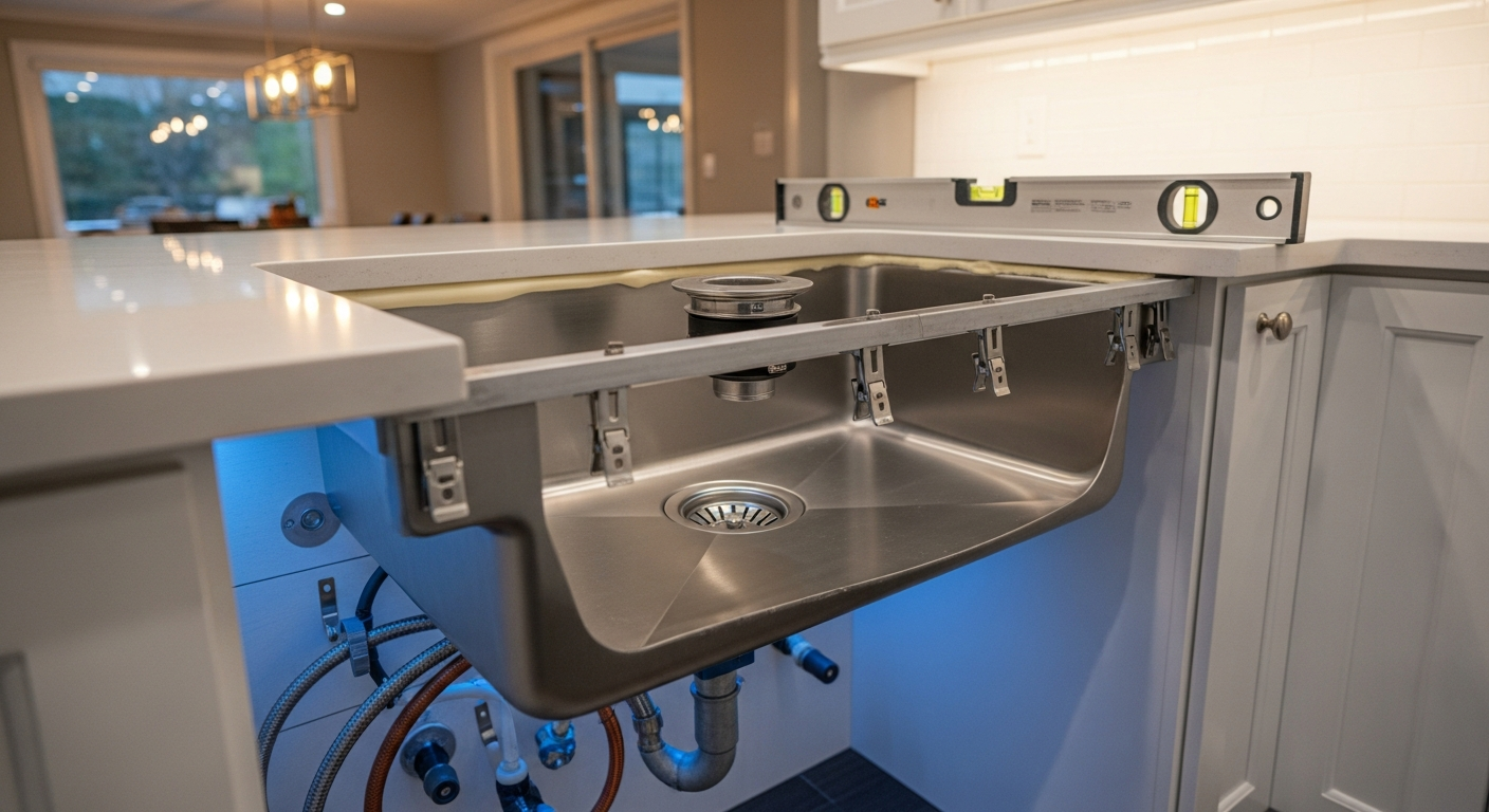 Close-up of professional kitchen & bathroom sink installation work delivered in Scarborough