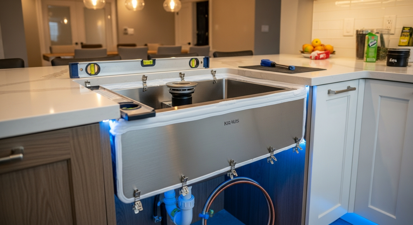 Completed kitchen & bathroom sink installation work showcasing finishing details in Stouffville