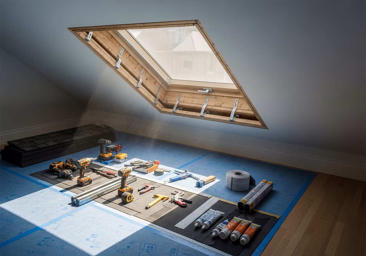Skylight Installation in progress: tools, materials, and protective floor covering staged for a Toronto window and door proje