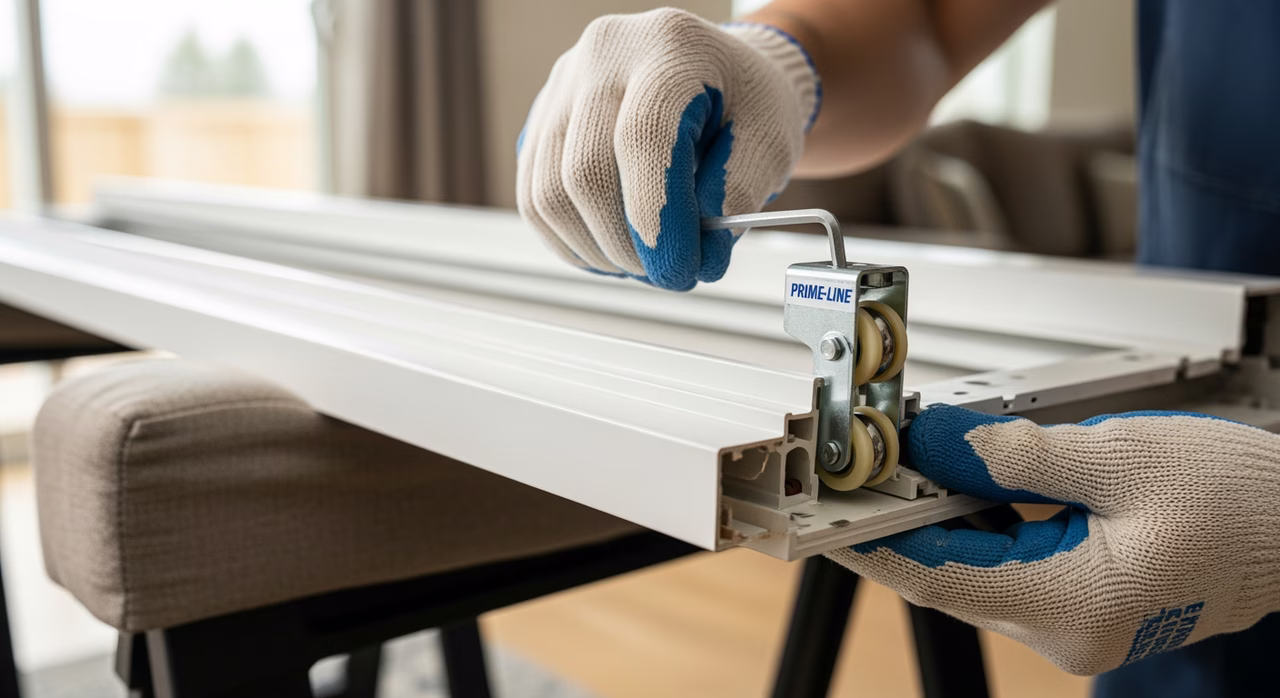 Toronto sliding-door-repair specialist replacing worn nylon roller-assembly cartridge on bottom rail of vinyl patio-door panel, panel on padded sawhorse, new Prime-Line nylon roller and ball-bearing wheel assembly, hex-key adjustment for roller height