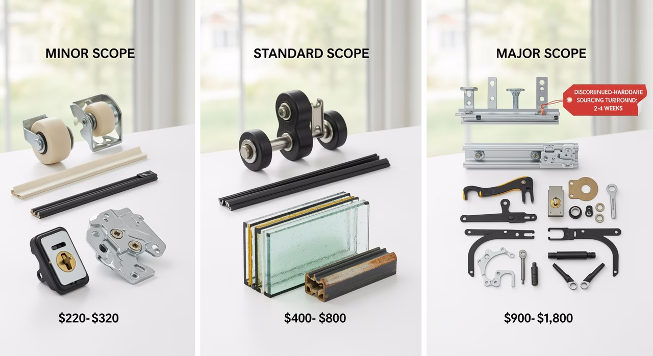 Three Toronto sliding-door-repair tiers compared: minor scope single roller weatherstrip mortise-lock repair at $220-$320, standard 4-piece roller set full weatherstrip kit IGU sealed-unit replacement at $400-$800, major scope full track replacement requiring panel removal at $900-$1,800