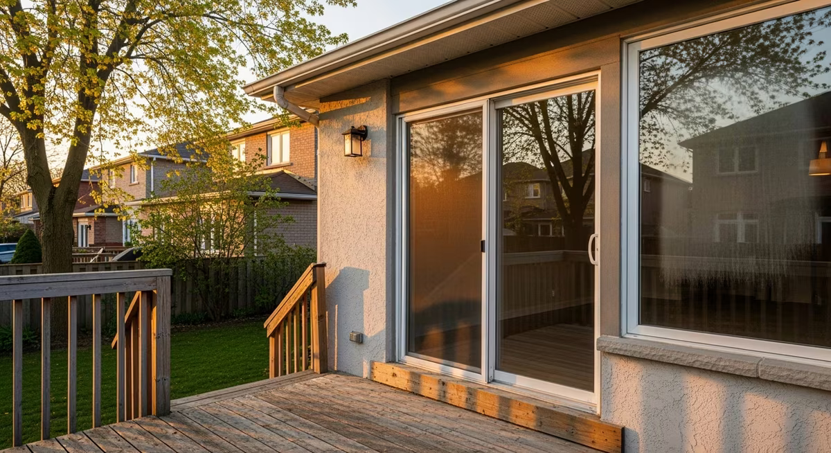 Toronto Markham 1990s detached two-storey home with aluminum-clad wood sliding patio door to rear deck and mature trees at golden hour where 25-30 year scopes include roller wear threshold rot and IGU failure on large fixed panel