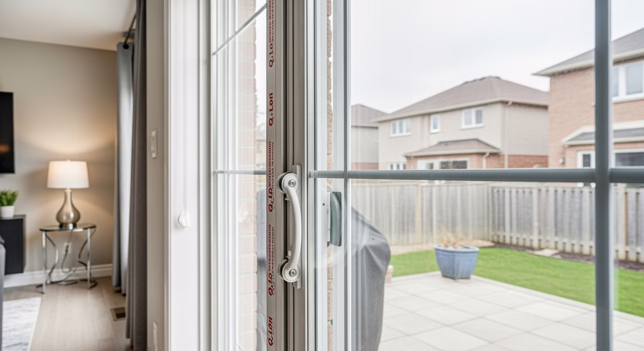 Completed Toronto family-room sliding patio door after repair showing new nylon roller running smoothly on cleaned aluminum track, new Q-Lon weatherstrip seal, clear IGU sealed unit in active panel