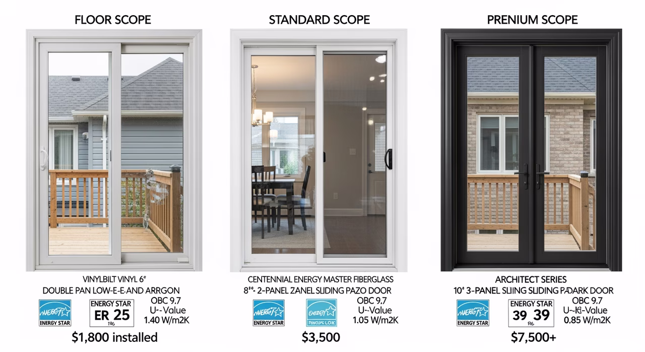 Three Toronto sliding-patio-doors tiers compared: floor Vinylbilt vinyl 6-foot 2-panel double-pane low-e and argon at $1,800, standard Centennial Energy Master fibreglass 8-foot 2-panel Energy Star Most Efficient triple-pane multi-point Truth Endur-Lok at $3,500, premium Pella Architect Series Reserve or Andersen 400 Series clad-wood 10-foot 3-panel Mul-T-Lock at $7,500+