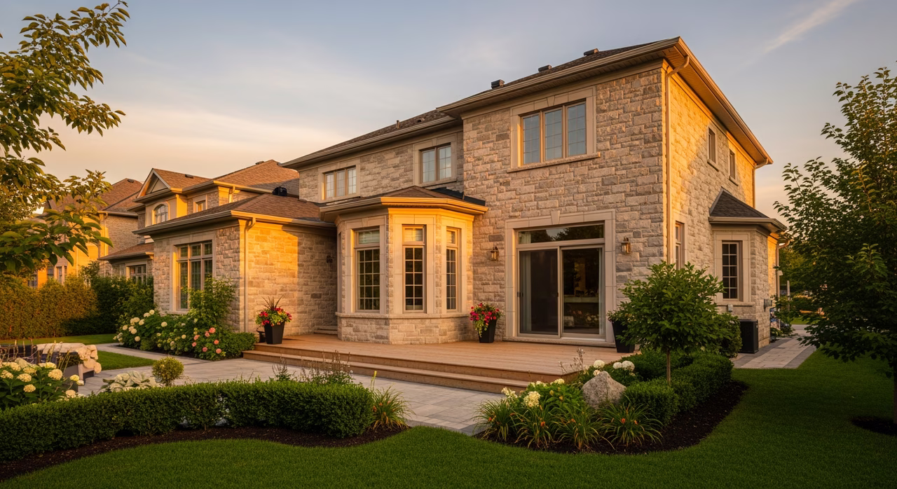 Toronto Vaughan 2010s detached luxury home with stone-veneer rear-elevation and mature manicured landscaping at golden hour where premium 10-foot clad-wood sliding patio doors to deck commonly run $7,500+ and add resale uplift