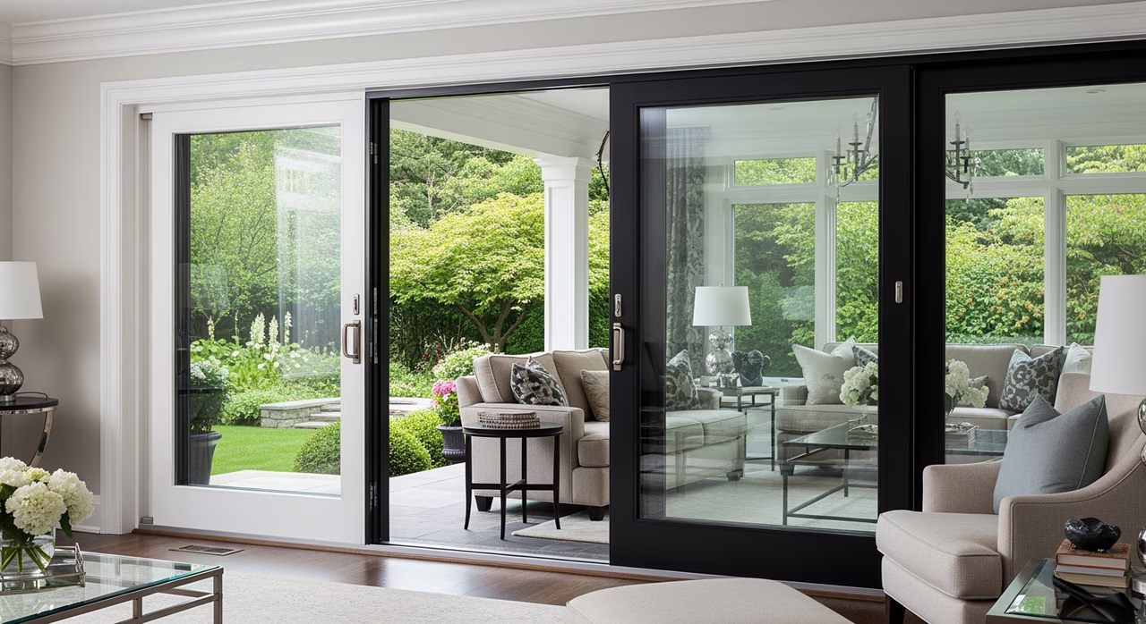 Completed Toronto luxury family-room with newly-installed Centennial Energy Master 8-foot fibreglass sliding patio doors in white interior and black exterior, krypton-fill triple-pane low-e glass, multi-point Truth Endur-Lok lock in satin nickel, custom interior trim