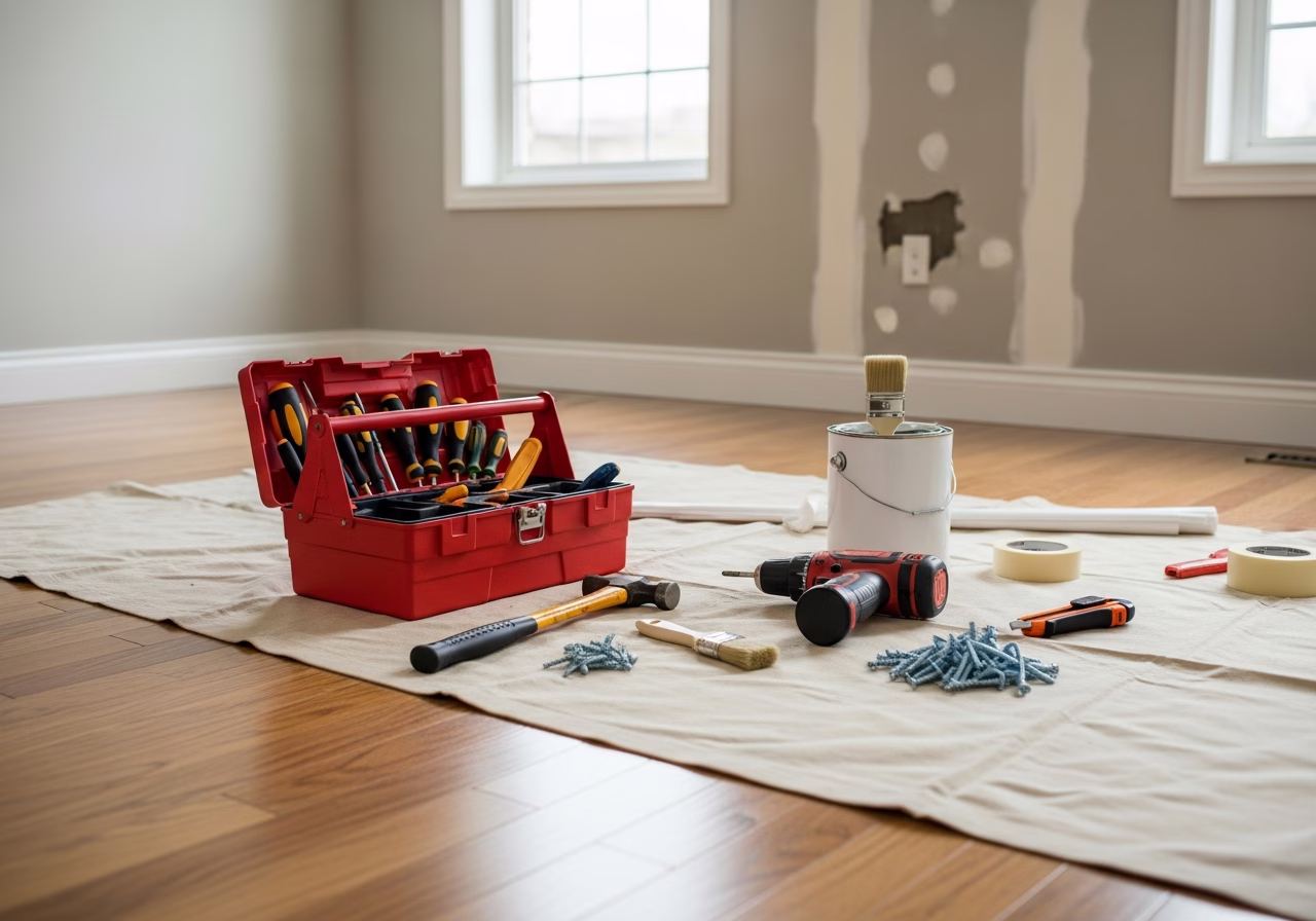 Small Home Repairs in progress: tools, materials, and protective floor covering staged for a Toronto furniture assembly