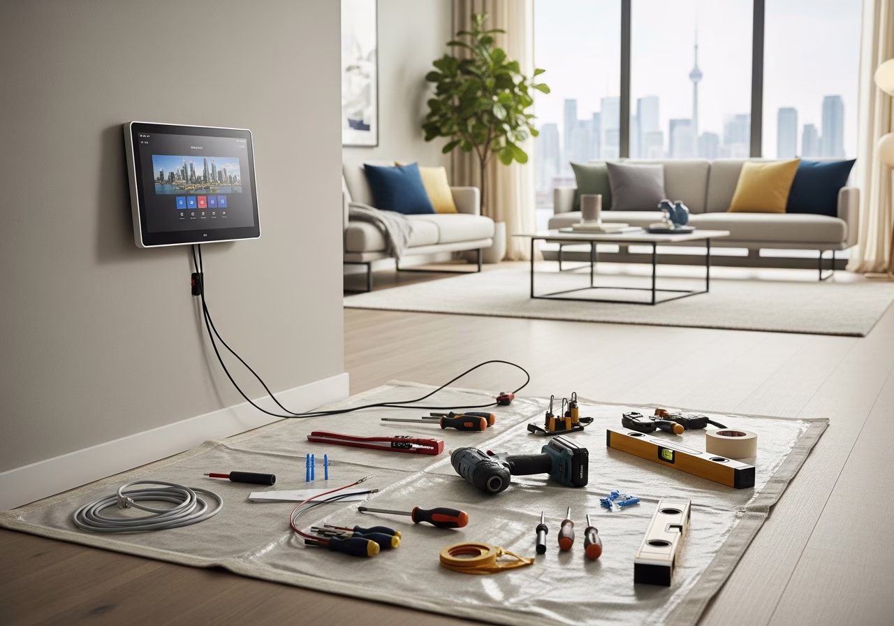 Tools and materials staged for smart home hub installation project