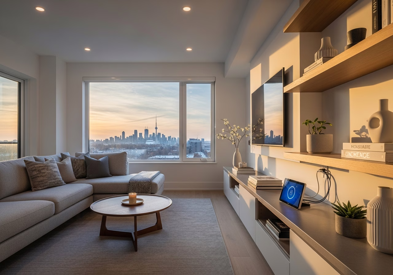 Completed smart home hub installation in Toronto modern living room home - finished result