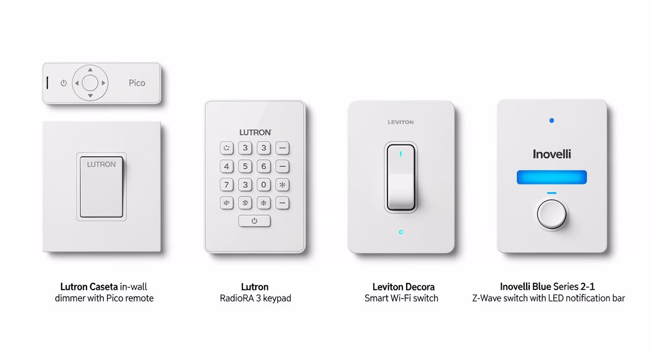 Lutron Caseta, Leviton Decora Smart, and Kasa smart switches compared on display