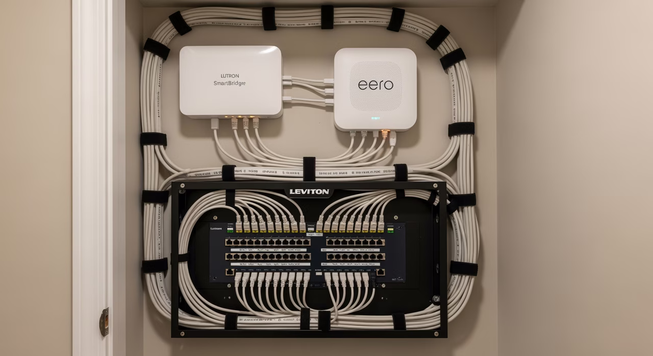 Close-up of Lutron Caseta smart switch with proper neutral and load terminations in box