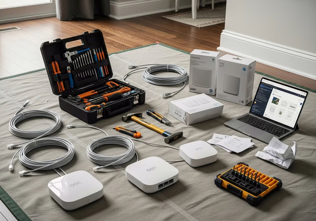 Wi-Fi Mesh Network Installation tools and materials staged in Toronto home