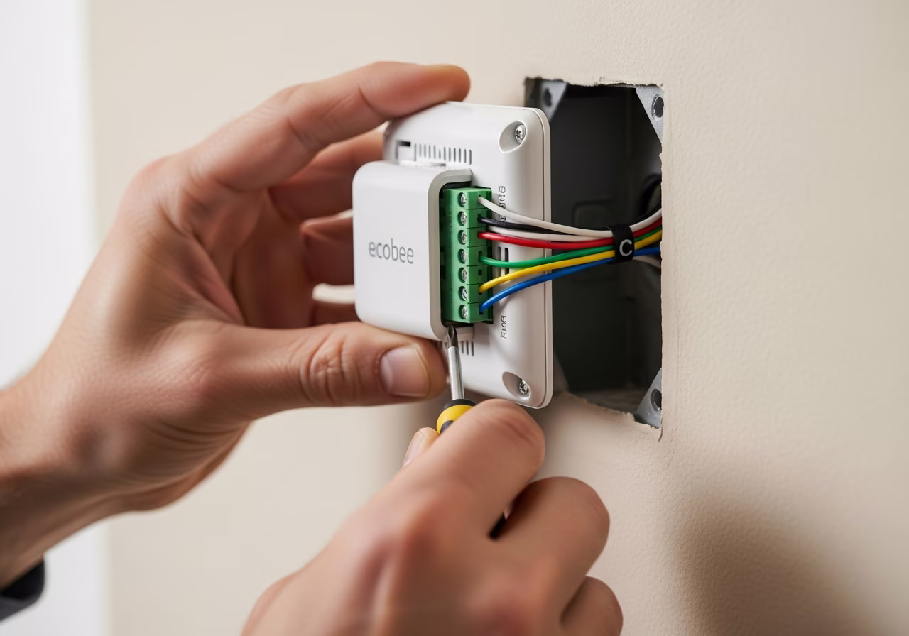 Mounting Ecobee Premium smart thermostat with C-wire connection in Toronto home