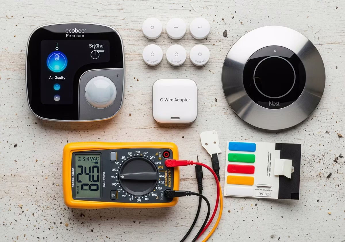 Smart thermostat install kit — Ecobee Premium, Nest, C-wire adapter, multimeter