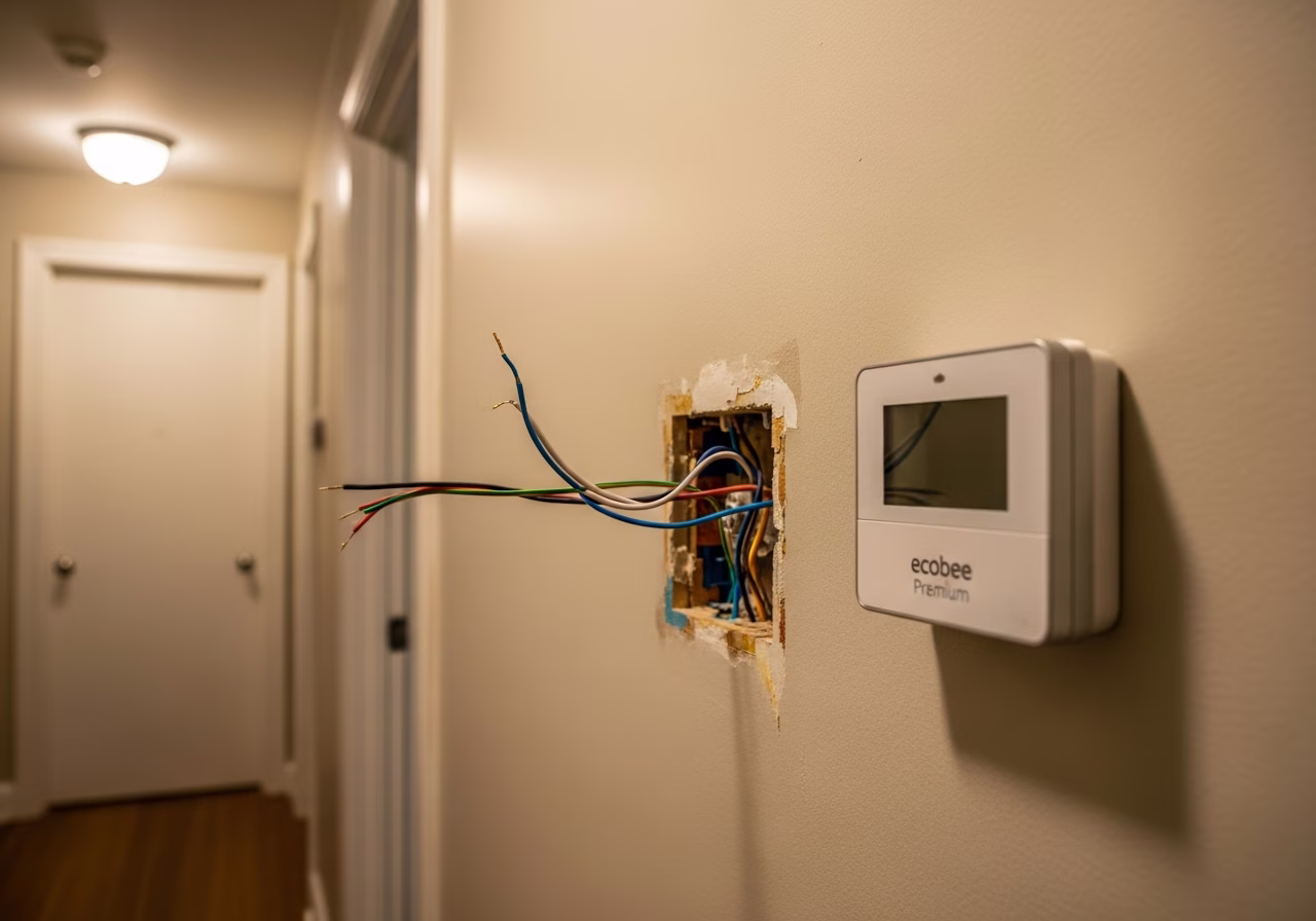 Toronto hallway smart thermostat upgrade — old removed, Ecobee ready to mount
