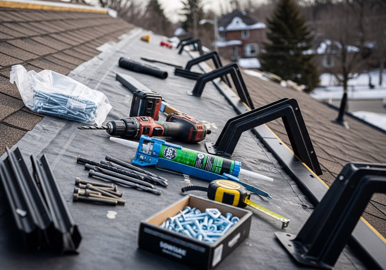 Snow Guard Installation in progress: tools, materials, and protective floor covering staged for a Toronto exterior work