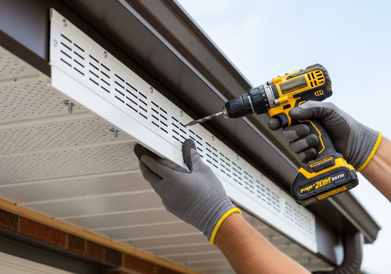 Mounting white aluminum vented soffit panel under Toronto home eaves