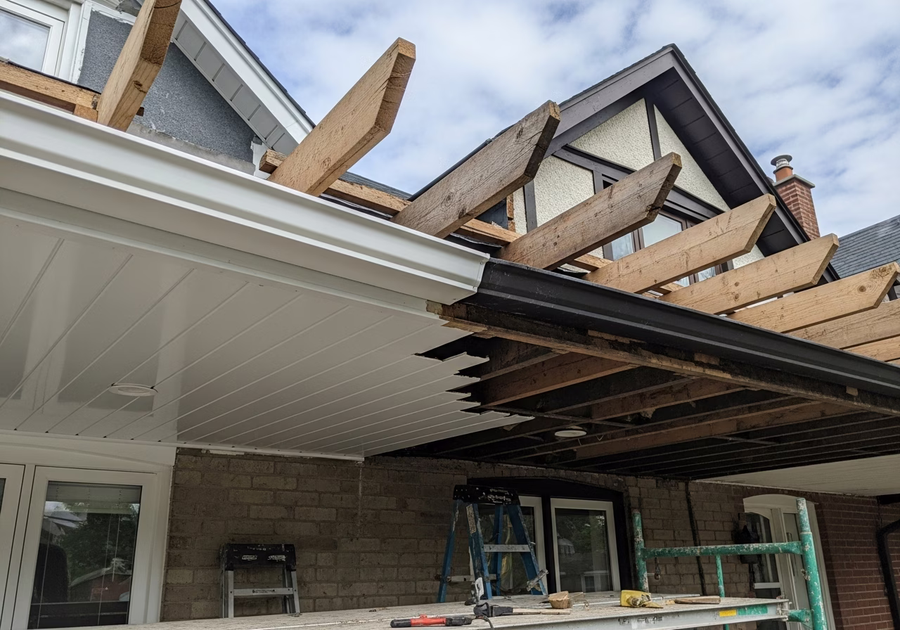 Toronto home eaves mid-install — half new aluminum soffit, half exposed rafter tails