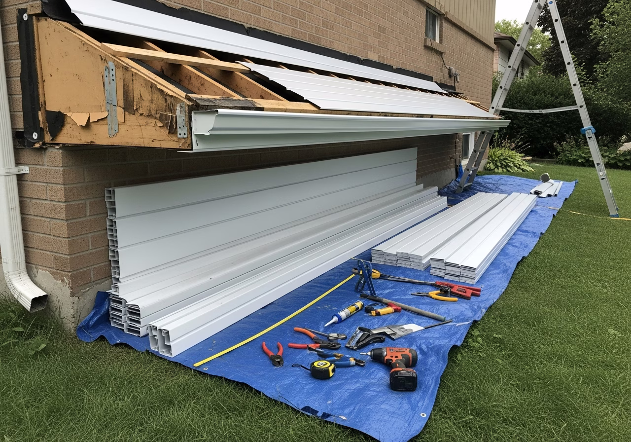 Soffit & Fascia Replacement in progress: tools, materials, and protective floor covering staged for a Toronto exterior work
