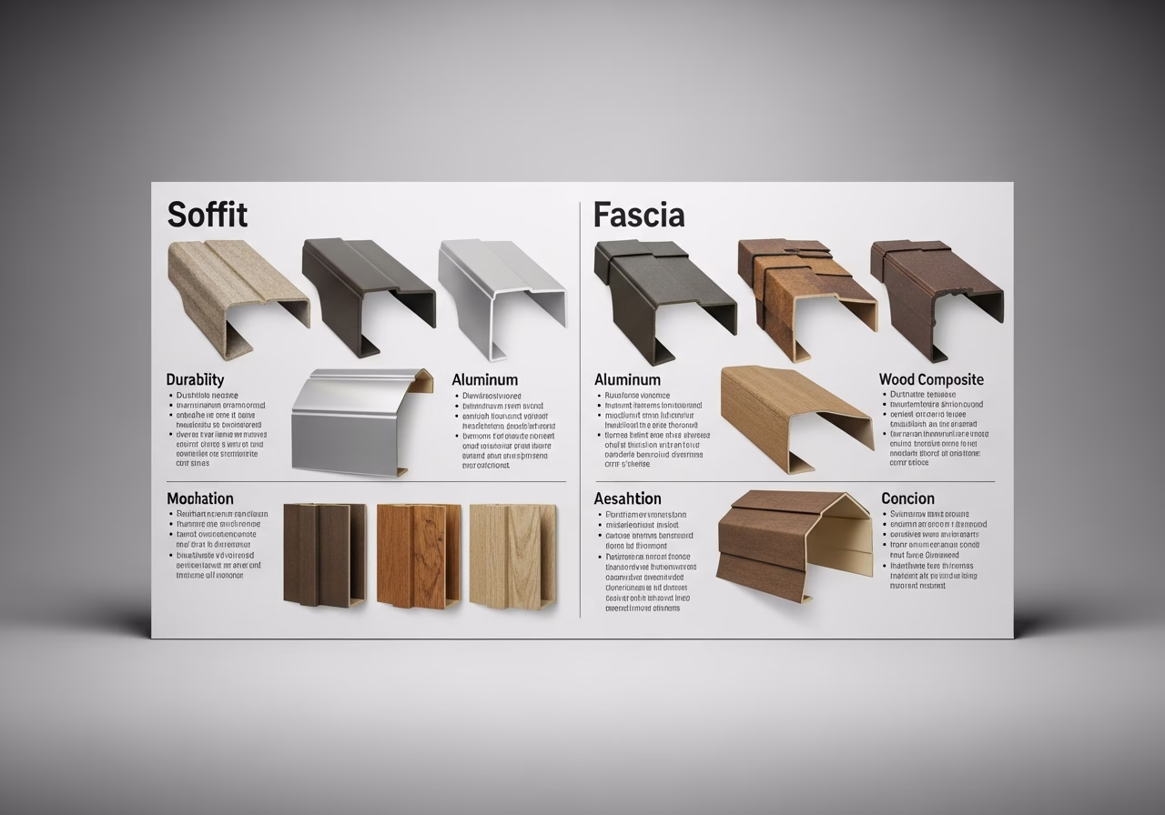 Side-by-side product and material comparison for soffit & fascia replacement — typical brands and finishes used in Toronto ex