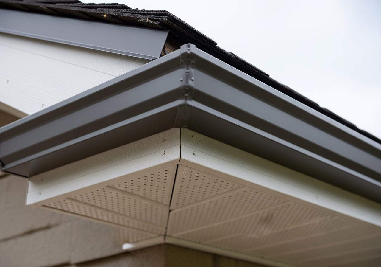 Close-up detail of professionally completed soffit & fascia replacement showing craftsmanship and finish quality