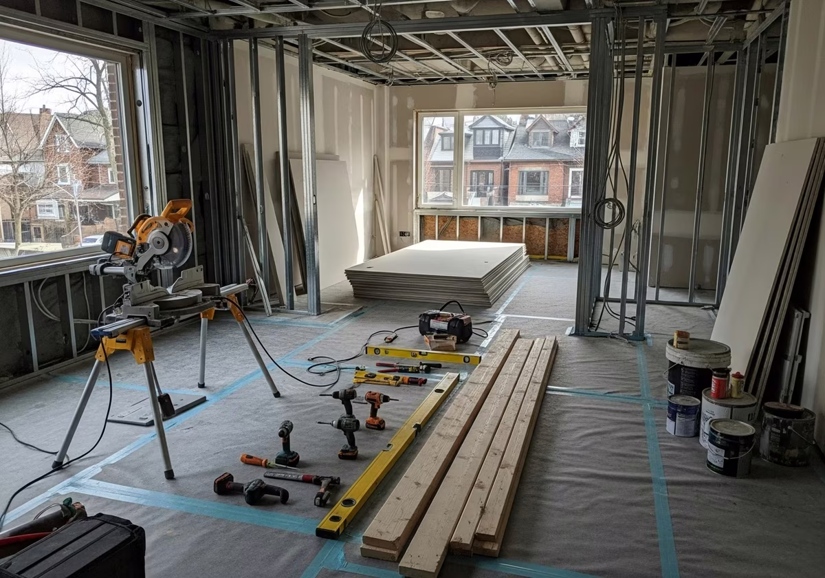 Commercial Office Buildout tools and materials staged in Toronto home