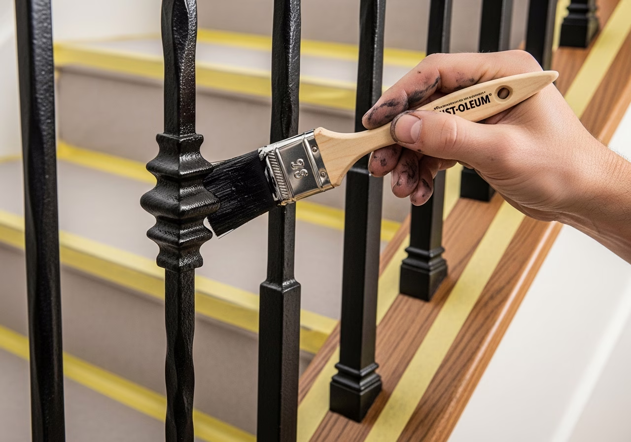Painting iron staircase balusters with Rust-Oleum semi-gloss black
