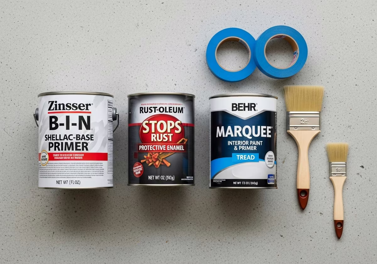 Staircase paint kit — BIN primer, Rust-Oleum metal paint, Behr Marquee