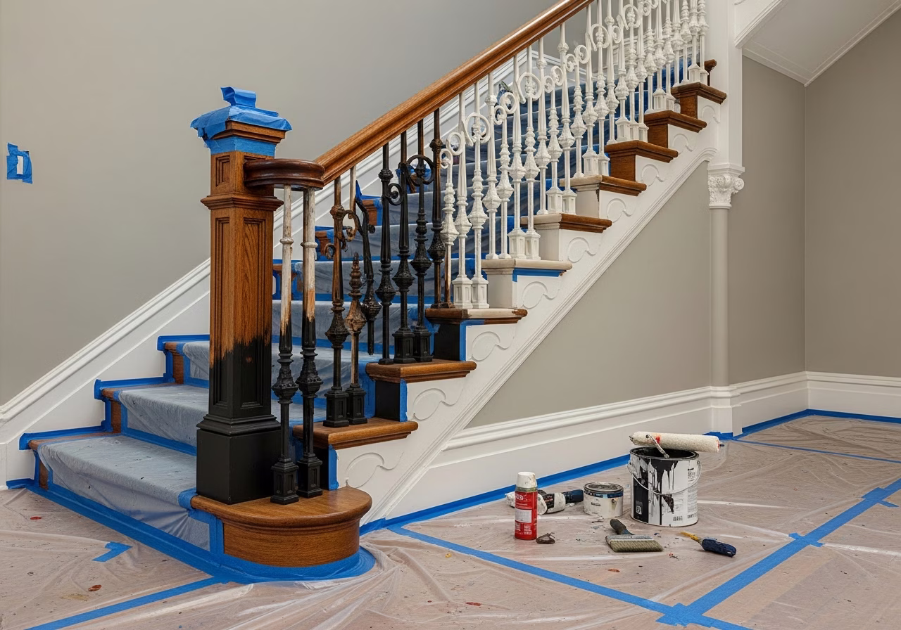 Toronto Victorian staircase mid-paint — balusters half-finished, treads protected