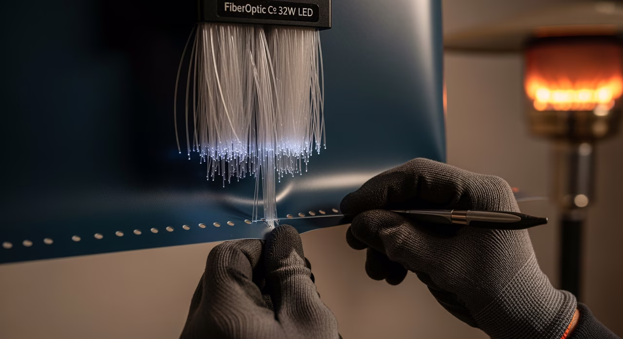 Toronto star-sky-ceiling installer threading single 1-mm plastic optical fiber strand through factory-perforated micro-hole in stretched dark-navy matte PVC stretch ceiling membrane (Clipso 295A Star), fiber-optic harness bundle of 400 strands above membrane plane connected to FiberOptic Co 32W LED projector engine