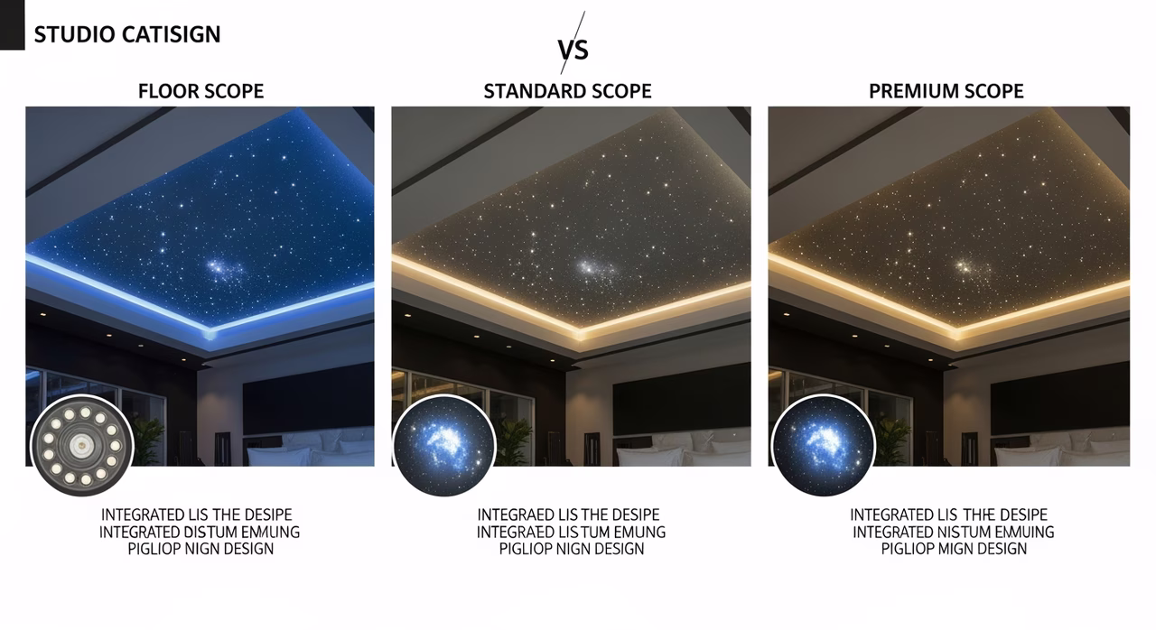 Three Toronto star-sky-ceiling design tiers compared: floor scope (perforated PVC stretch with 200-300 fiber-optic point-lights per 100 sq ft driven by single 16W LED projector in 1mm fiber, dark navy matte membrane, no twinkle or shooting-star) at $18-$25/sqft, standard scope (perforated stretch with 400-600 point-lights driven by 32W projector in mixed 0.75mm and 1.5mm fiber for star-size variation, 1-2 shooting-star modules per 100 sq ft, RGB twinkle dimmer) at $30-$40 mid, premium scope (800-1200 point-lights with full hand-mapped constellation Big Dipper / Orion / Cassiopeia / Pleiades, 6-8 shooting-star modules, integrated printed Milky Way overlay on translucent membrane, app-controlled RGB twinkle) at $50-$55 -- labelled with ESA registration