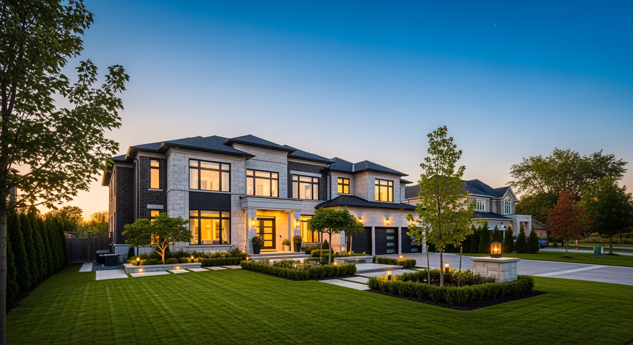 Toronto Markham 2010s detached luxury home at golden hour with manicured landscaping on upper-middle-class suburban street where premium hand-mapped constellation star-sky ceilings with shooting-star modules and Milky Way overlay run $50-$55 per sqft and the Russian-Canadian stretch-ceiling trade community is the dominant fiber-optic installer base in the GTA