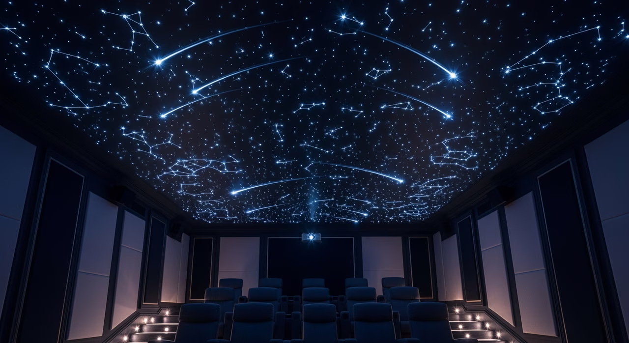 Completed Toronto luxury home-theatre room (lights off, evening) with deep-navy matte PVC stretch ceiling sparkling with 1,000 fiber-optic point-light stars in hand-mapped constellation pattern showing Big Dipper / Orion's Belt / Cassiopeia in astronomically-accurate position, 6 shooting-star modules at random intervals, RGB twinkle modulation, premium home-theatre seating below