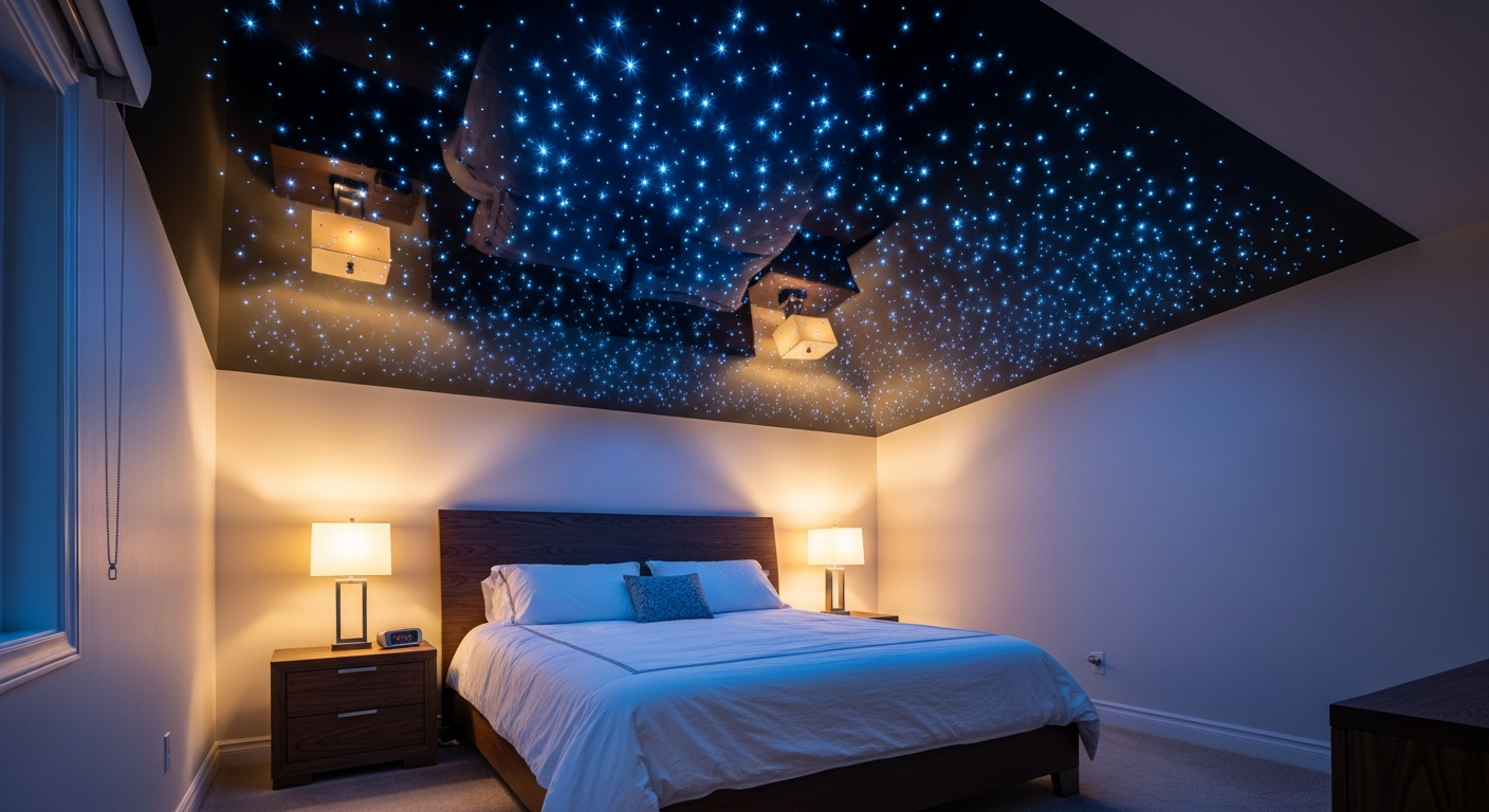 Close-up of professional star sky ceiling installation work delivered in Newmarket