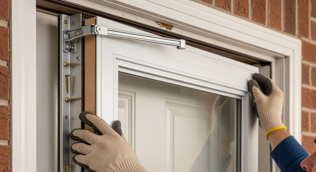 Toronto storm-doors installer setting Larson Tradewinds full-view storm door into existing exterior door rough opening over Therma-Tru fibreglass entry door, Z-bar mounting frame fastened with #8 1-1/4-inch wood screws into existing brick-mould trim, hydraulic closer arm at top of storm door