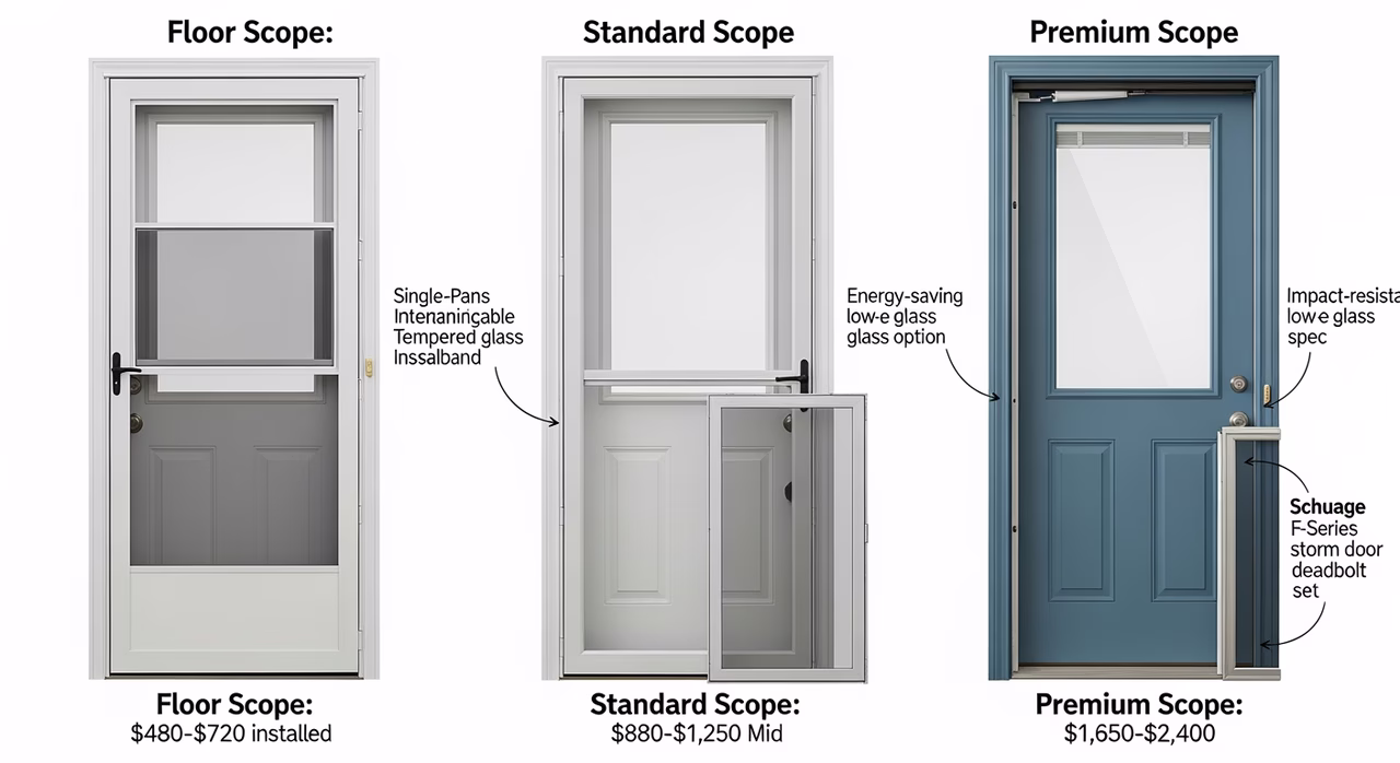 Three Toronto storm-doors tiers compared: floor Larson Mid-View aluminum single-pane glass and roll-up bottom screen basic latch and closer at $480-$720, standard Larson Tradewinds Full-View interchangeable tempered glass and screen panel hydraulic closer with hold-open key-lock at $880-$1,250, premium ProVia Spectrum solid-aluminum custom colour match low-e glass retractable screen premium Schlage F-Series storm-door deadbolt at $1,650-$2,400