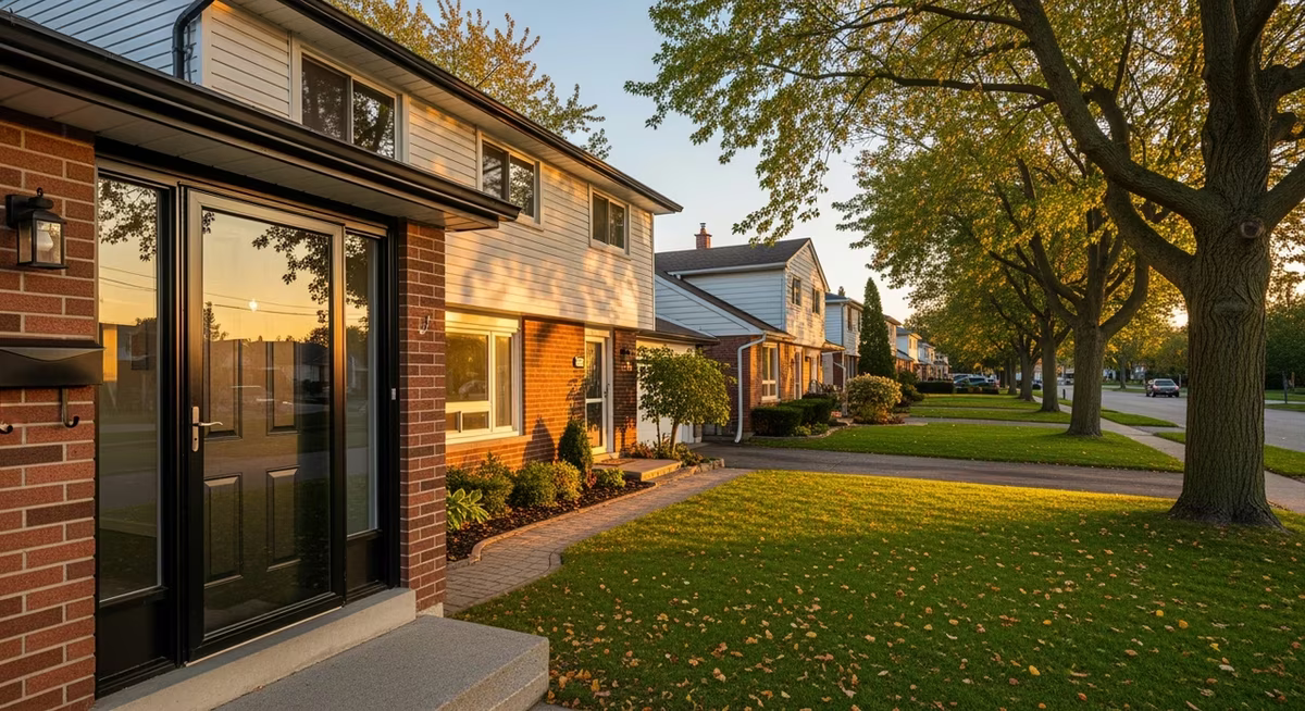 Toronto Scarborough 1970s detached two-storey home with mature trees on family street at golden hour where Larson Tradewinds full-view storm doors protecting existing entry doors commonly run $880-$1,250 and extend exterior-door service life by reducing UV and weather exposure