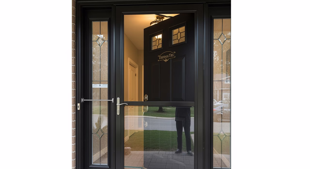 Completed Toronto front entry showing newly-installed Larson Tradewinds full-view storm door in factory black finish protecting underlying Therma-Tru entry door, clear tempered glass panel showing entry door behind, hydraulic closer with hold-open clip engaged