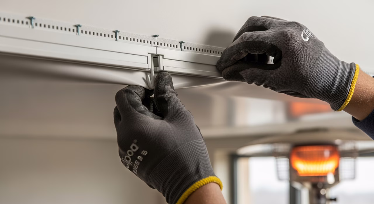 Toronto stretch-ceiling installer hooking harpoon-edge bead of tensioned plasticized-PVC stretch ceiling membrane (Clipso 705 matte white) into Clipso PVC harpoon-clip perimeter track screwed to wall top-plate at membrane plane 50mm below existing ceiling, propane construction heater raising room ambient to 60-80 degrees Celsius for heat-stretch step